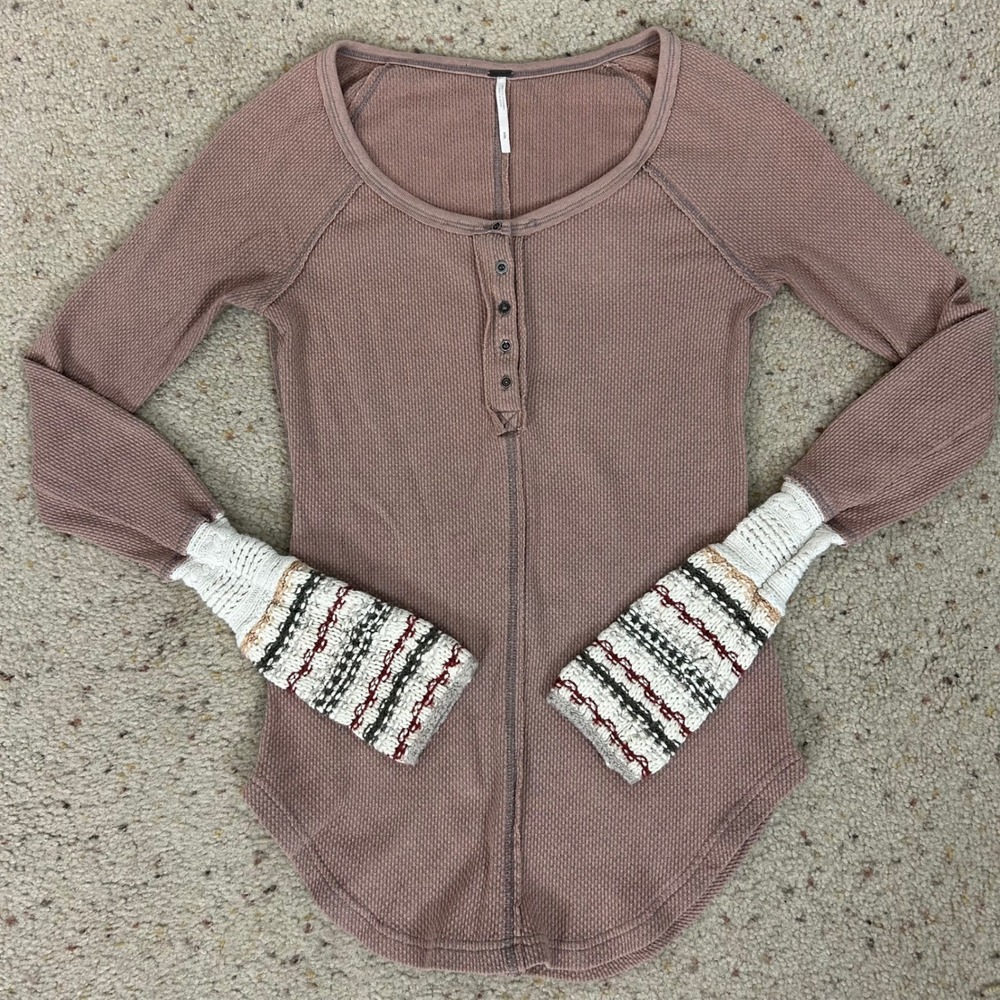 Free People Ski Lodge Thermal Top Mauve Pink Waffle Knit Henley Size Small